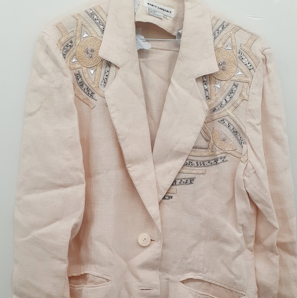 TRUE VTG 80's PINK Linen Blazer jeweled Jacket Nancy Laurence blazer size 9 / 10 - Picture 7 of 11